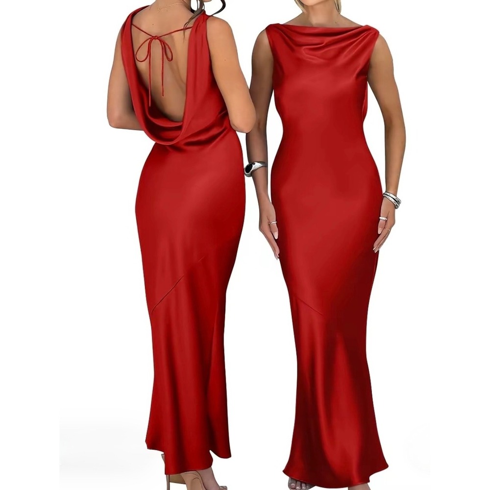 NWOT OYS Size Large Red Maxi Dress Satin Sleeveless High Neck Tie Cocktail Party